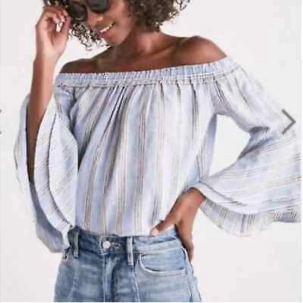 Lucky Brand Off Shoulder Bell Sleeve Striped Top - Picture 1 of 10